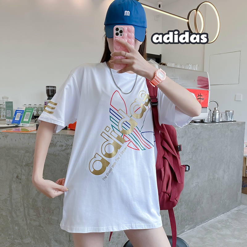 Adidas Short-sleeved Female Clover Large Logo Full Print Summer T-shirt Men's Round Neck Casual Loose Top Couple T-shirt