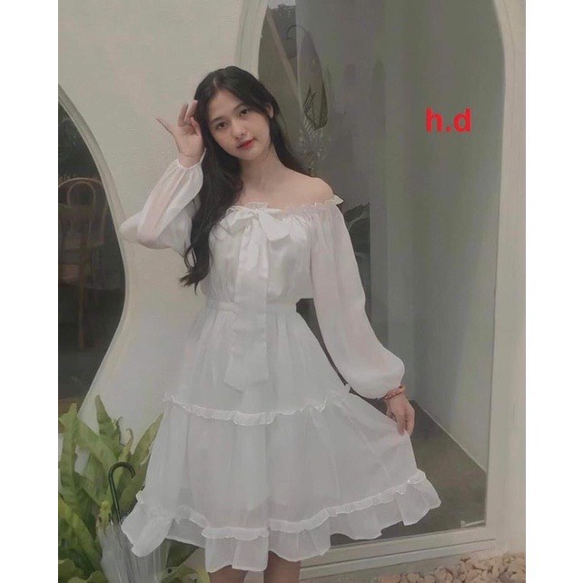Váy, Đầm trễ vai công chúa đính nơ tay bồng chất voan lụa mặc được 2 kiểu phong cách tiểu thư hàn quốc, TONGKHOQUANAONU