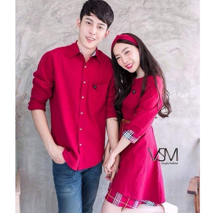 SET CẶP NAM NỮ ÁO SƠ MI VÀ ĐẦM XÒE CỘT NƠ EO, ÁO ĐÔI