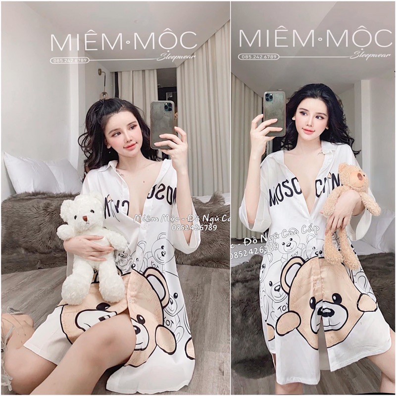 Váy ngủ sơ mi lụa tay lỡ hoa cười L V cao cấp 15