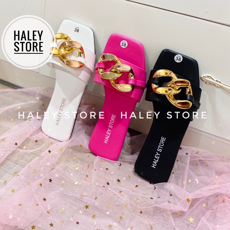 Dép nữ đế bệt quai ngang đính xích to Hottrend 2021 HALEY STORE