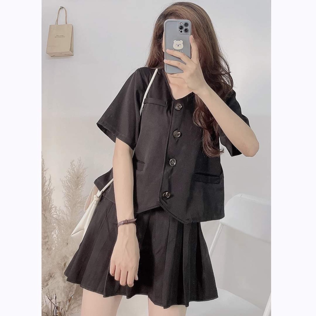 Set áo cộc tay tiểu thư kèm chân váy xếp ly hiện đại ulzzang phong cách Hàn Quốc