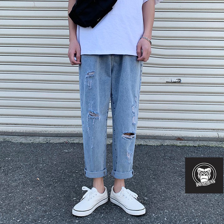 Quần jean baggy nam nữ ống rộng rách màu xanh 242