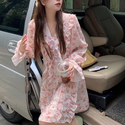 Đầm chiffon Hoa Cổ V Tay Dài Ngọt Ngào Mới 2022