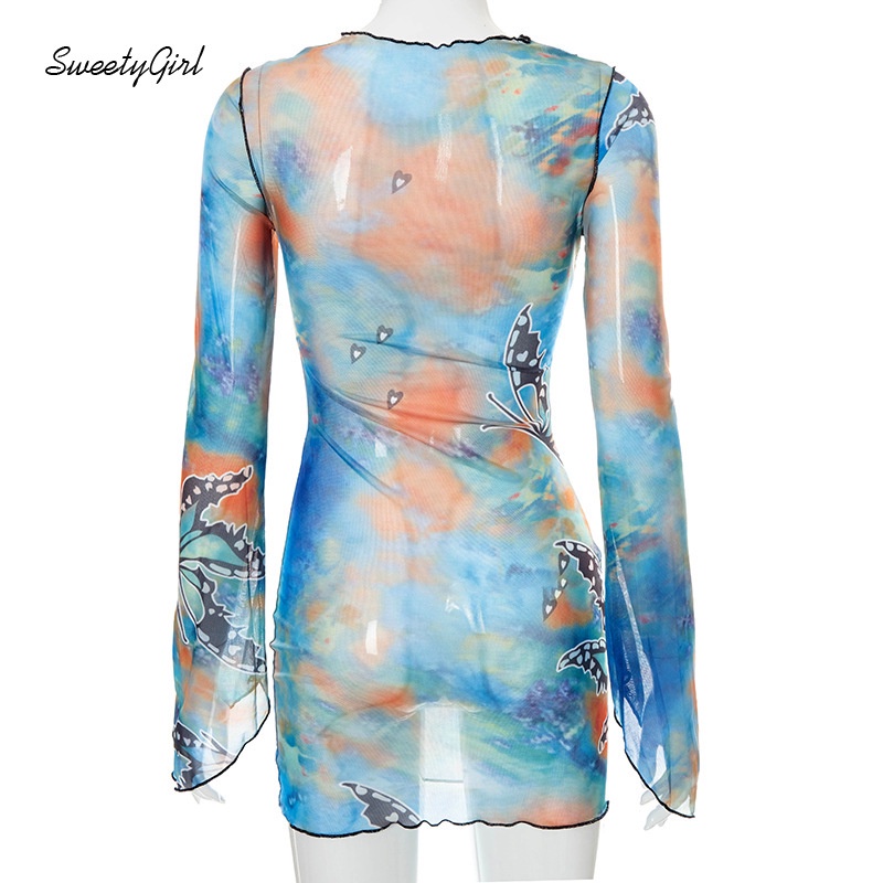 Đầm Mini Tay Dài Trễ Vai In Họa Tiết Bướm Nhiều Màu Quyến Rũ Cho Nữ