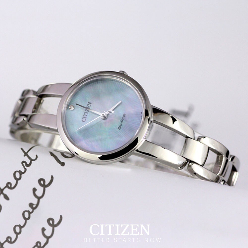 Đồng Hồ Nữ Citizen Đính Kim Cương Dây Thép Không Gỉ EM0430-85N - Mặt Xà Cừ