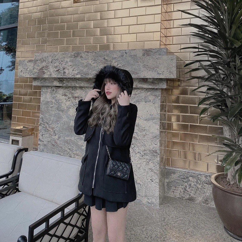 ANU49 - ÁO KHOÁC NỮ DẠ ĐEN KHOÁ CỔ LÔNG | BigBuy360 - bigbuy360.vn