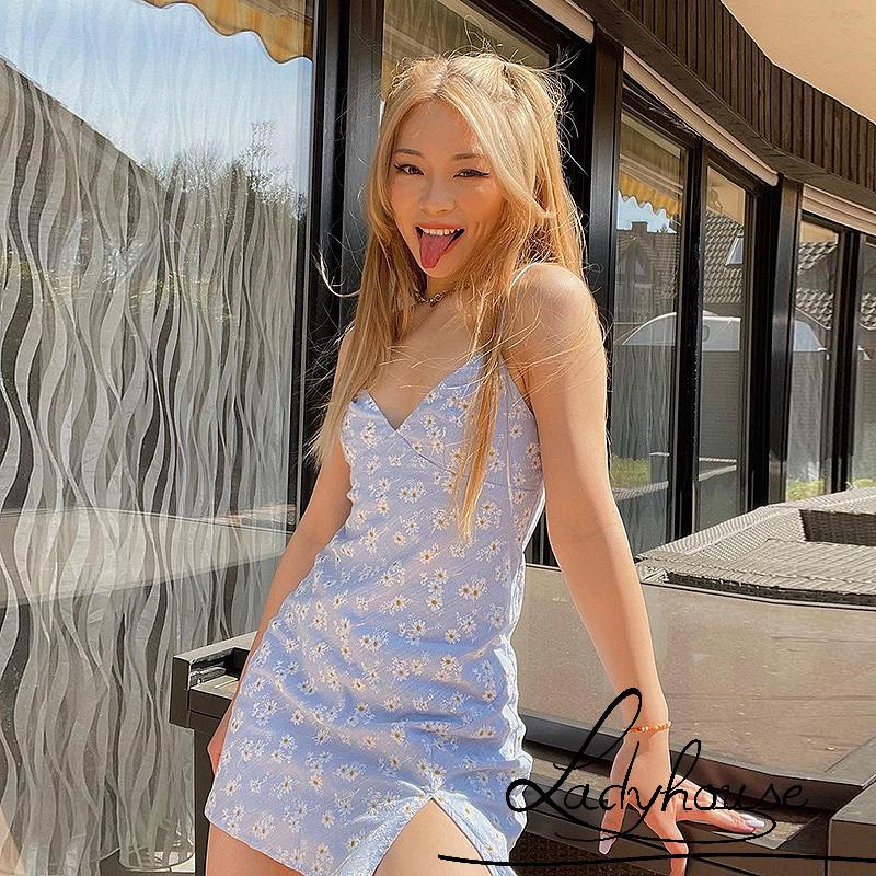 Đầm Nữ Hai Dây Cổ Chữ V Xẻ Tà In Họa Tiết Hoa Thời Trang