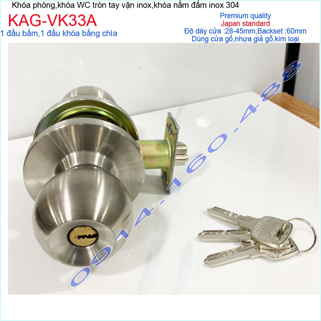 Khóa cửa phòng cao cấp KAG-VK33A 1 đầu chốt 1 đầu chìa, khóa tay nắm tròn phòng ngủ an toàn giá tốt chất lượng cao