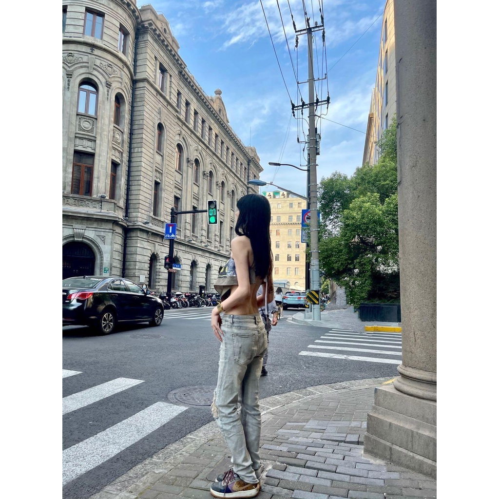 Quần jeans rách dáng ôm 9AG1 kéo khóa zip phong cách đường phố hiphop Âu Mỹ