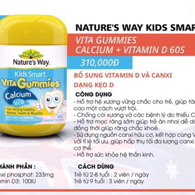 [CHÍNH HÃNG] Kẹo Dẻo Nature’s Way Kids Smart Vita Gummies Calcium + Vitamin D Giúp Bé Cao Lớn