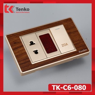 Ổ Cắm-Công Tắc 20A Công Suất Cao Cho Bình Nóng Lạnh - Mặt Vân Gỗ Bo Viền Vàng Thương Hiệu Nhật Tenko TK-C6-080