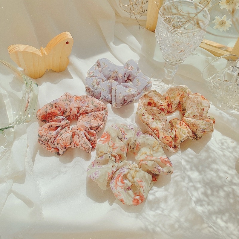 Dây buộc tóc vải phồng / scrunchies pastel vintage hoa nhí xinh xắn cho nữ tmkk