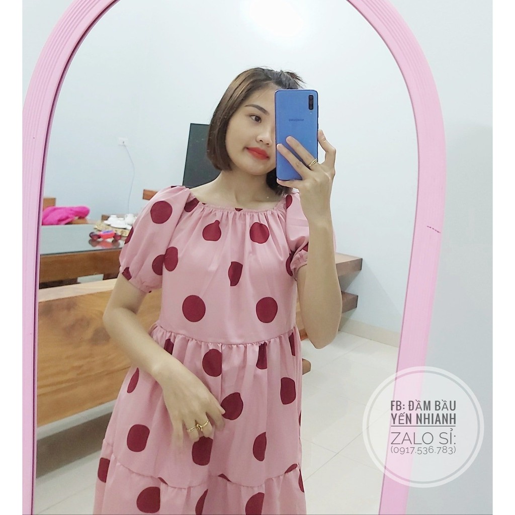 Váy bầu trễ vai CHẤM BI HỒNG trẻ trung xinh xắn V270