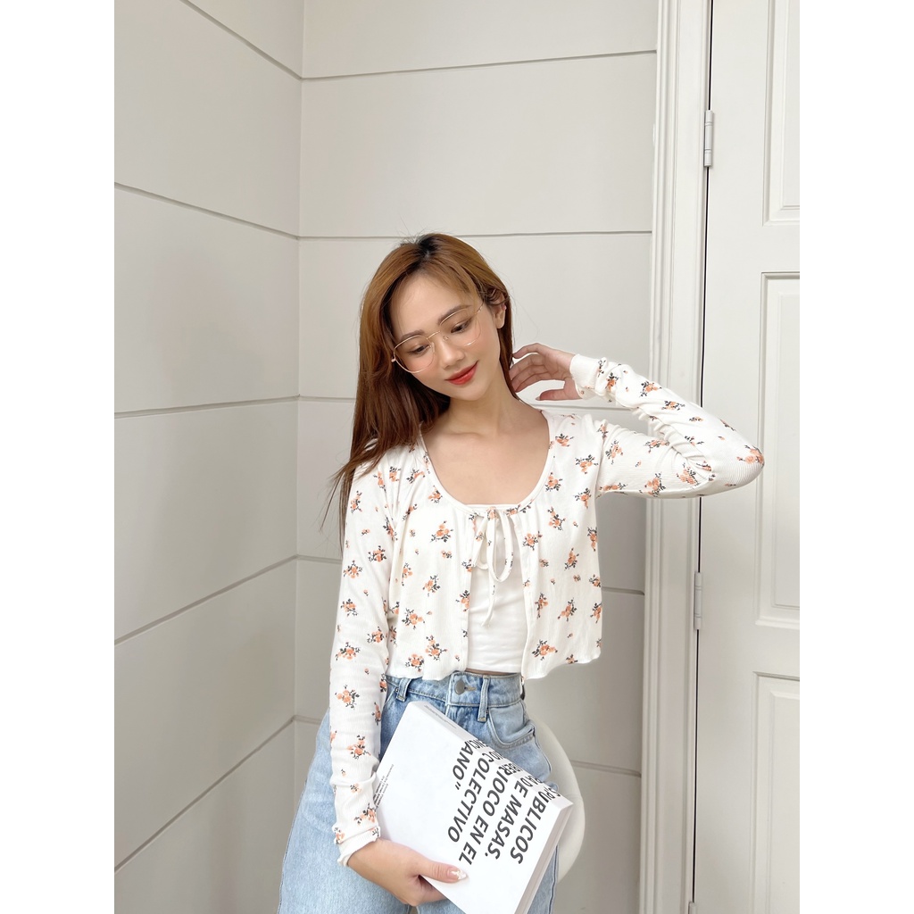 Áo cardigan thun cột nơ HEYBEE phom ngắn, họa tiết hoa nhí - FLORAL CARDIGAN HT723