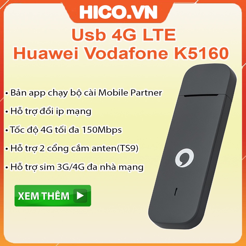 USB Dcom 4G HUAWEI VODAFONE K5160 K5161 Chạy Bộ Cài Mobile Parter - Hỗ TRợ Đổi Ip - Tốc Độ 150Mbps