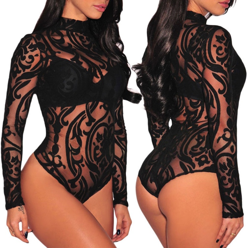 Áo Liền Quần Tay Dài Cổ Cao Phối Lưới Xuyên Thấu Thời Trang Quyến Rũ Cho Nữ