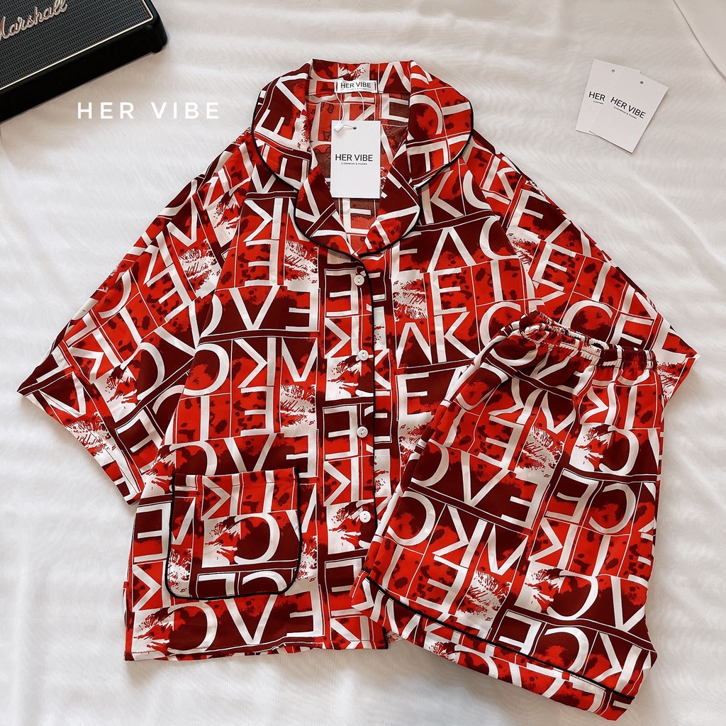 Bộ đồ ngủ pijama lụa mango siêu mát mịn họa tiết xinh xắn đỏ - Đồ ngủ mặc nhà cộc tay Her Vibe P03 | BigBuy360 - bigbuy360.vn