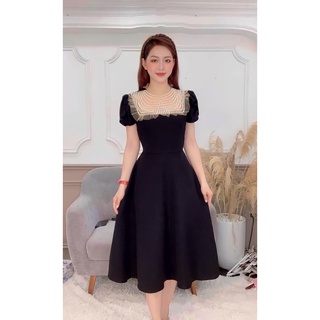 Đầm Nữ Đầm Dự Tiệc , Váy Nữ Bigsize Cổ Tròn Phối Ngoc Trai 100% Thun Co Gian Che Khuyết Điểm Cho Người Mập 50.90kg
