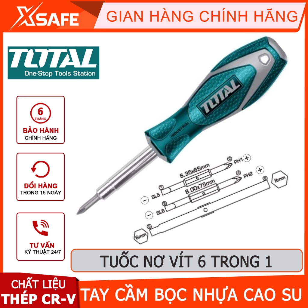 Bộ tuốc nơ vít 6 đầu TOTAL THT2506076 | Bộ tua vít kích thước 4 chi tiết 6.35*65mm, 8.00*75mm, PH1+SL5, PH2+SL6