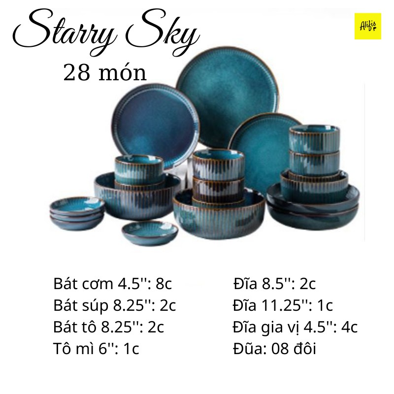 [Ảnh thật] Bộ bát đĩa, bộ bát đĩa sứ 28 món Starry Sky phù hợp gia đình 8 người - men Hỏa Biến cao cấp