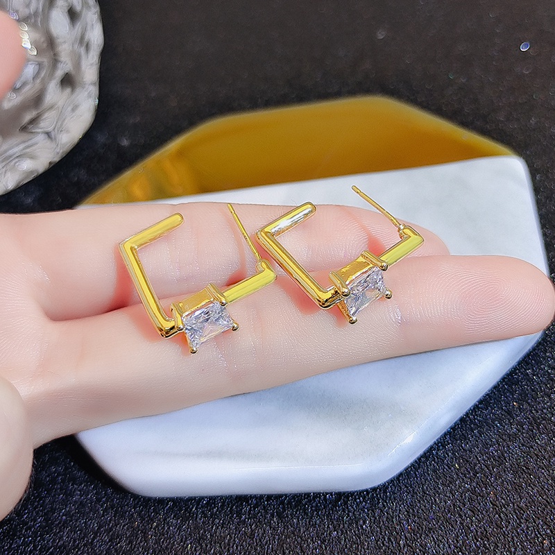 [Jiudolan] Khuyên Tai Hình Học Không Đều Màu Vàng / Bạc Đính Đá Zircon Sáng Bóng Độc Đáo Phong Cách Vintage Thời Trang