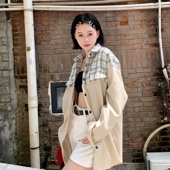 ZHELIHANGFEI Áo Khoác Nhung Kẻ Dài Tay Dáng Rộng Phong Cách Thời Trang Mỹ