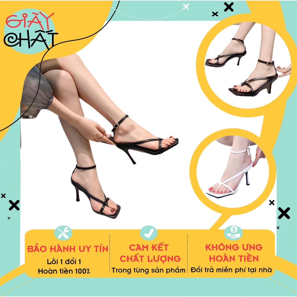 Giày Sandal nữ xỏ ngón quai mảnh, Giày cao gót quai chéo mũi vuông gót nhọn cao 5p sang chảnh
