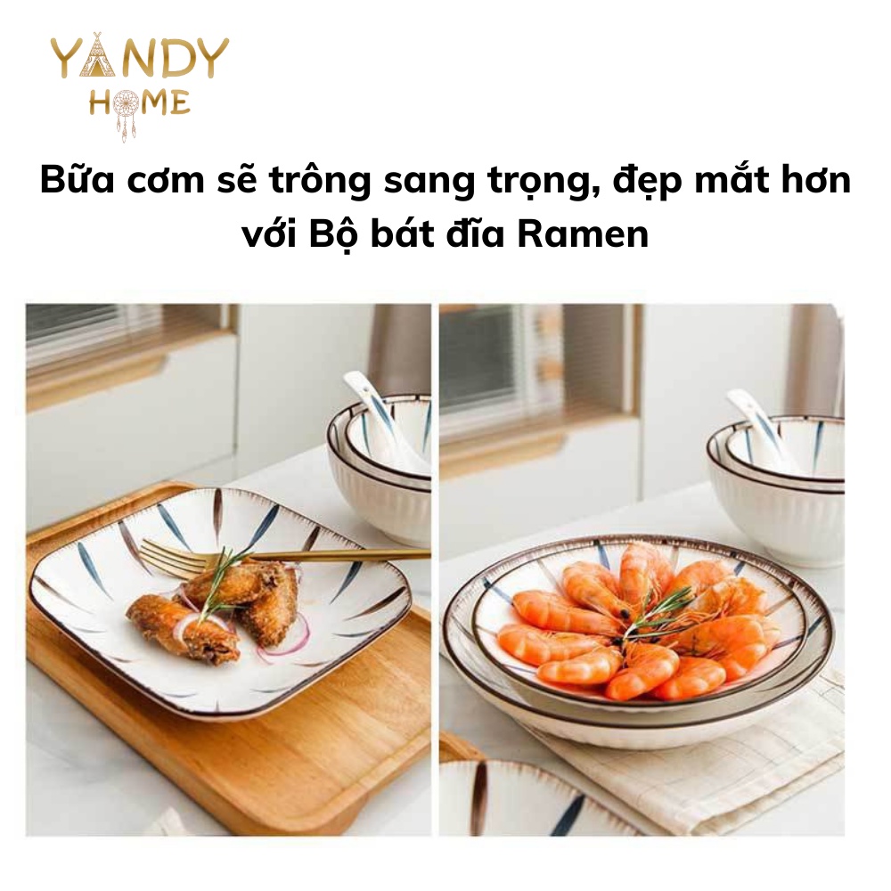 Bộ Bát Đĩa Sứ YANDY HOME BB01 Chén Dĩa Tô Gốm Sứ Vân Ramen Cao Cấp Men Đẹp