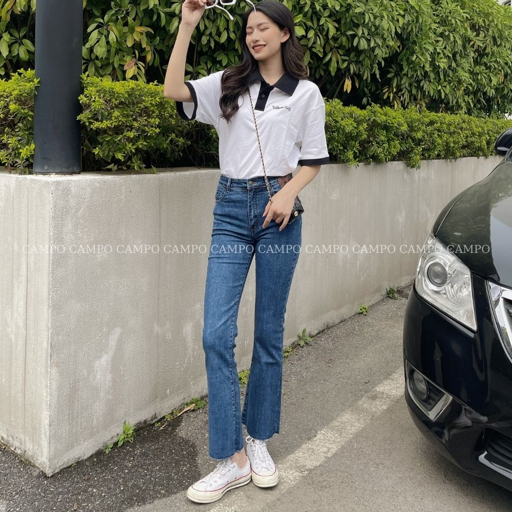 Quần jeans ống loe xanh CAMPO quần bò nữ siêu hack dáng