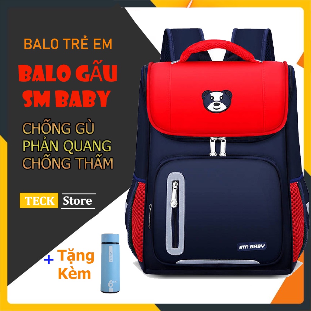 Balo Học Sinh,Balo Gấu Cho Bé Cấp 1 SM BABY Chống Gù,Có Phản Quang,Chống Thấm Nước Tặng kèm 1 bình giữ nhiệt cho bé