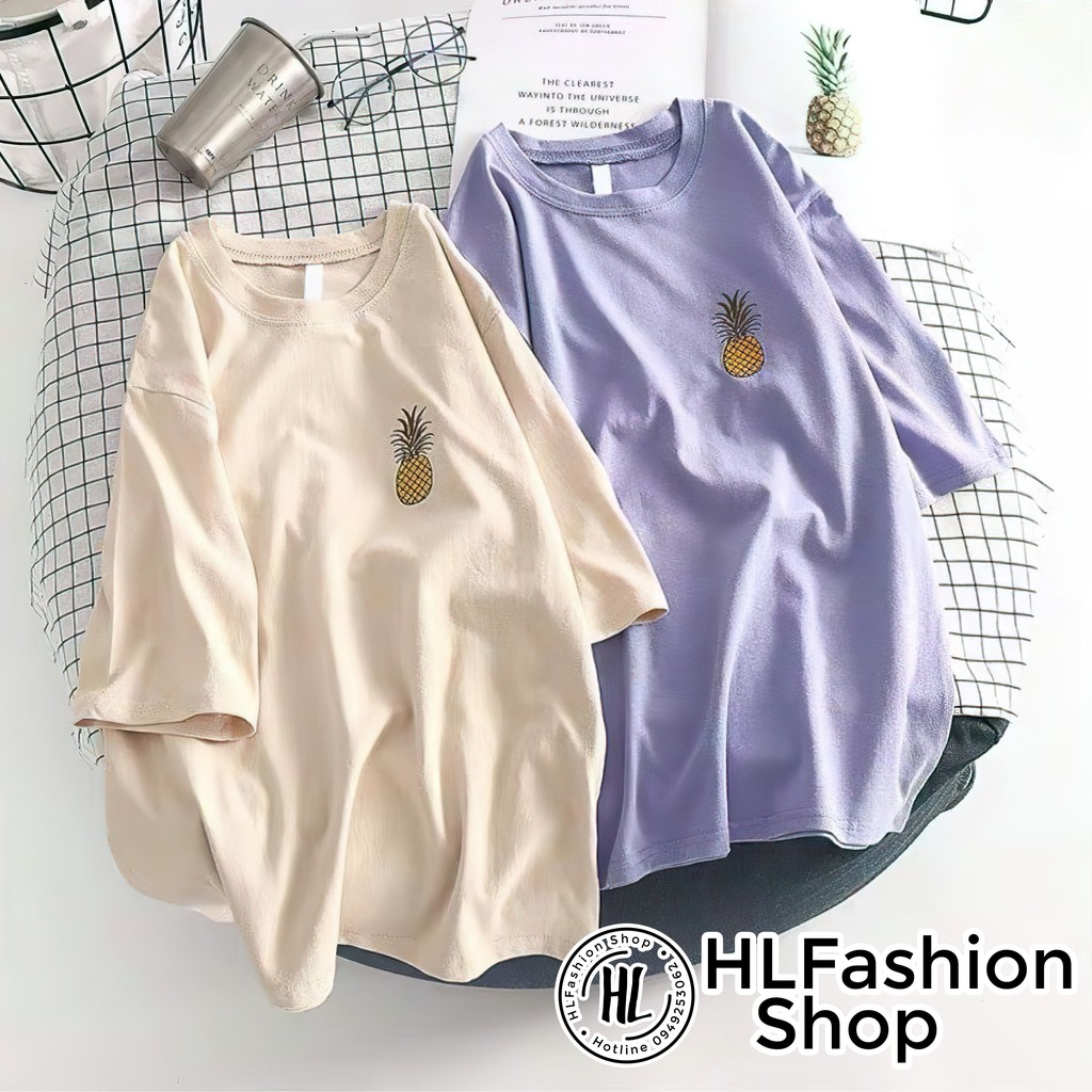 Áo thun tay lỡ form rộng thêu hình quả dứa rất xinh, áo phông form rộng size HLFashion