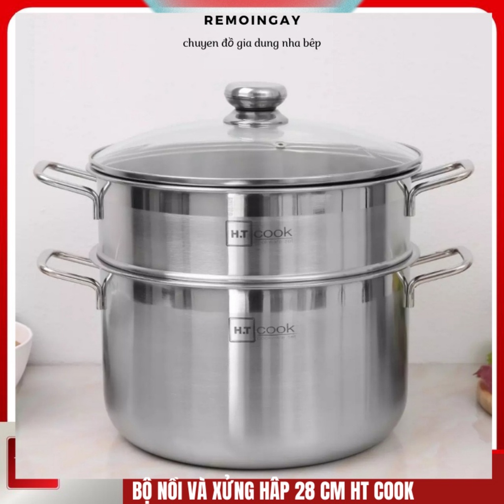 Bộ nồi xửng hấp inox 1 đáy HT COOK 28 CM  INOX 430 Dùng được các loại bếp ( BẢO HÀNH 2 NĂM)