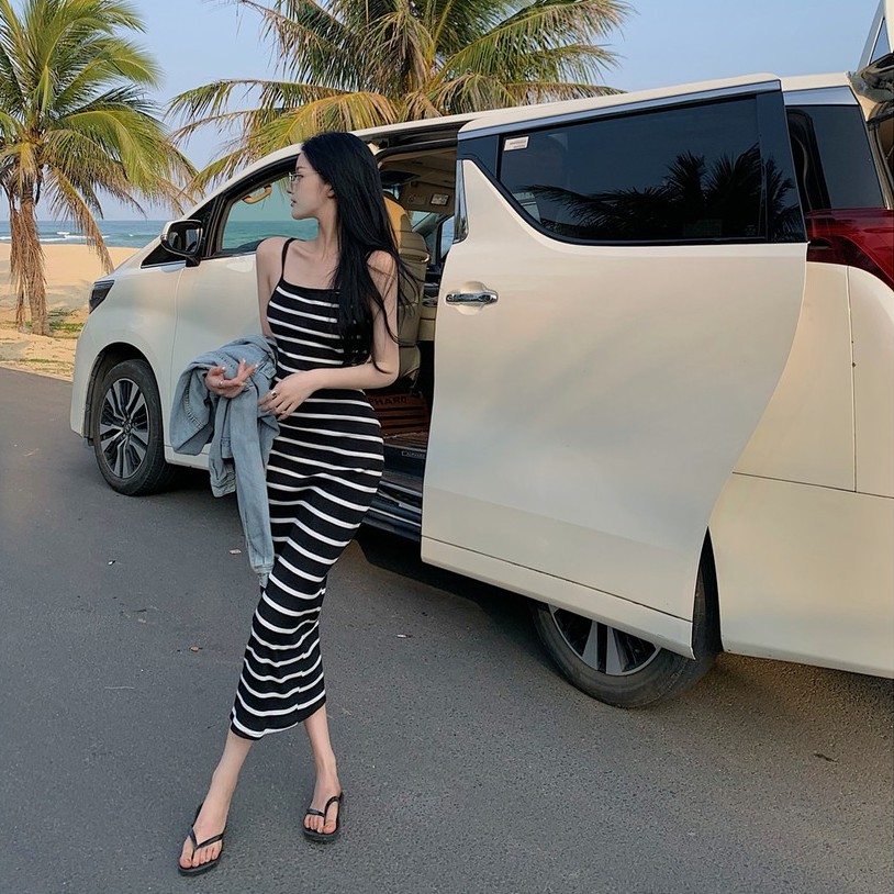 Cocory vn Đầm Maxi Hai Dây Kẻ Sọc Thời Trang Mùa Hè Dành Cho Nữ