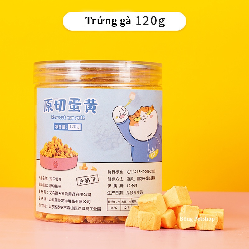 Thức ăn đông khô hiệu con mèo xanh - Thịt, trứng, ức gà, cá sấy khô cho chó mèo - 120g