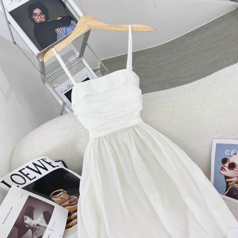 ĐẦM MIDI 2 DÂY TRẮNG XẾP LY NGỰC | BigBuy360 - bigbuy360.vn