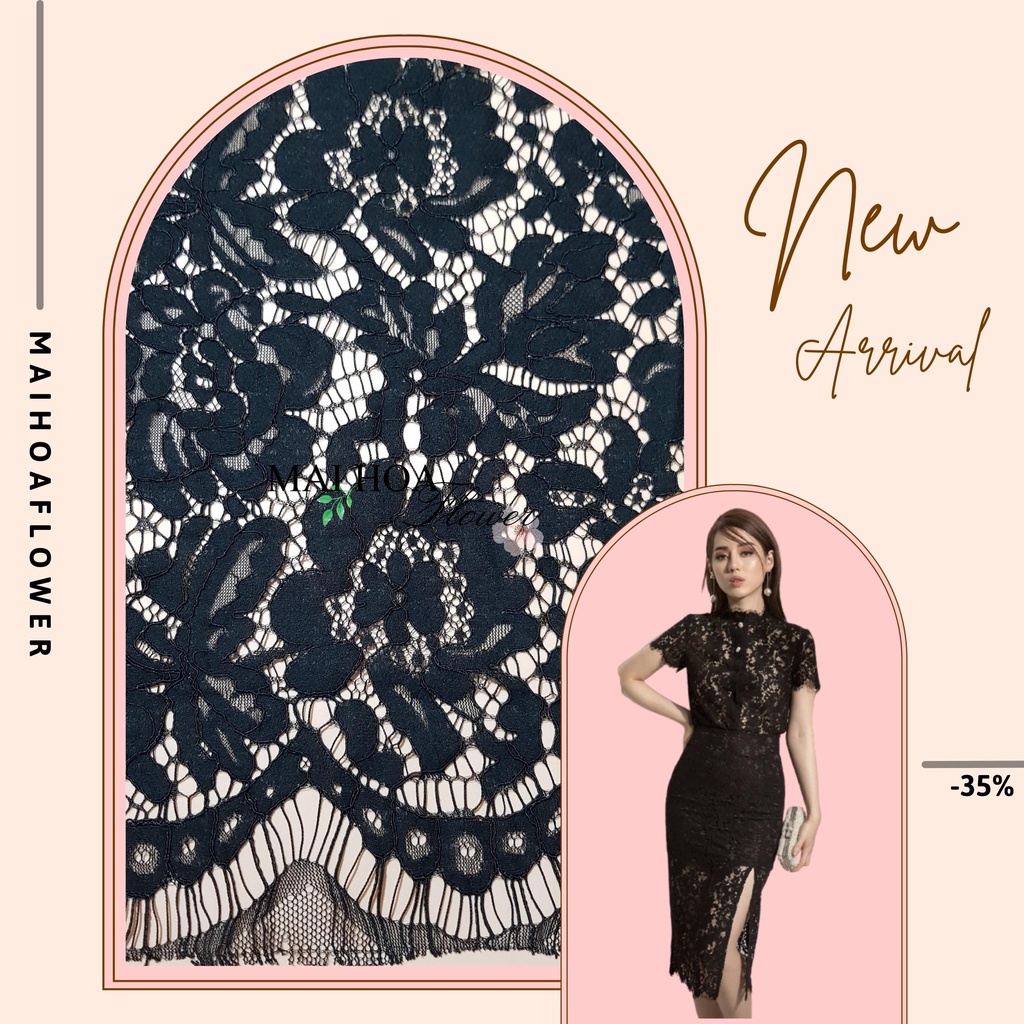 Vải ren đen vải may đồ chất lượng cao thêu hoa nổi cực sắc nét, hai đầu có tua rua, Maihoaflower