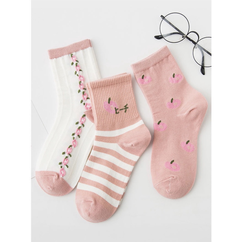 Set 3 đôi tất cổ cao Bivota vớ nữ hồng hoạt tiết hình quả đào đáng yêu T94