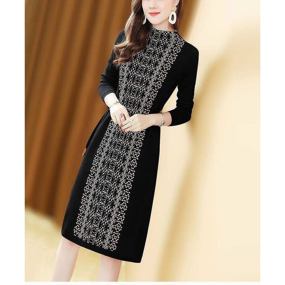 ĐẦM LEN SUÔNG IN HOẠ TIẾT THỔ CẨM EO RÚT DÂY - MH492345 - HÀNG QUẢNG CHÂU
