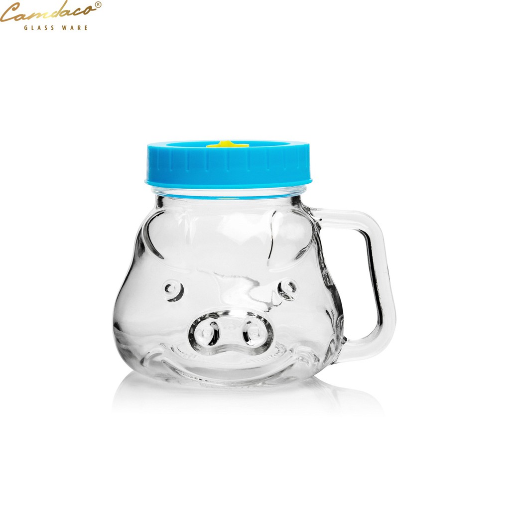 Ly Cốc Thủy Tinh Hình Con Heo CAMDACO GLASS WARE 480ML Nắp Nhựa ABS -  Màu Ngẫu Nhiên