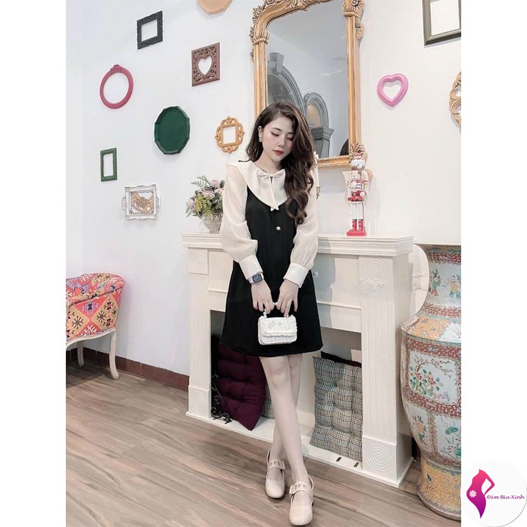 Váy Công Sở Cao Cấp Đầm Cổ Bèo Tiểu Thư Phối Tay Voan Chất Umi Hàn Hàng VNXK