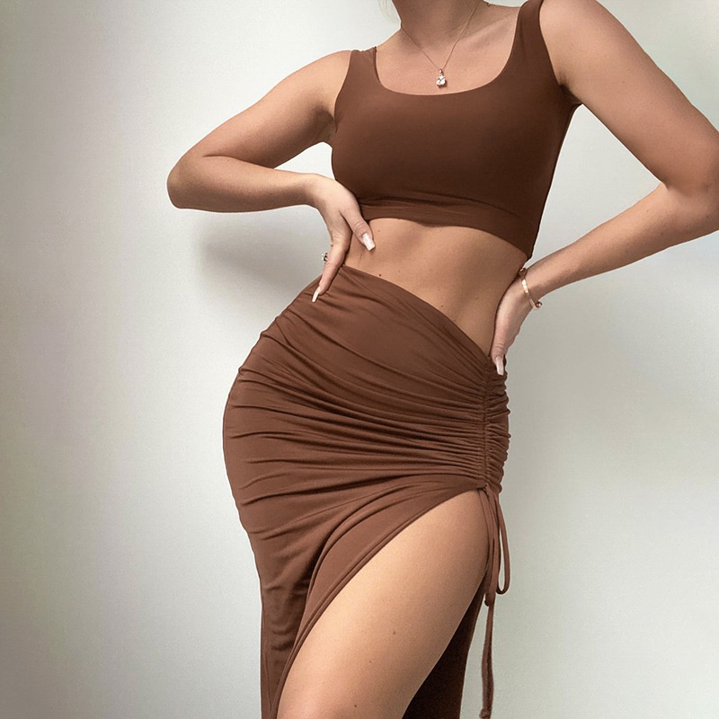 Set Áo Tank Top Màu Trơn Và Chân Váy Lưng Cao Dây Rút Xẻ Tà Thời Trang Cho Nữ