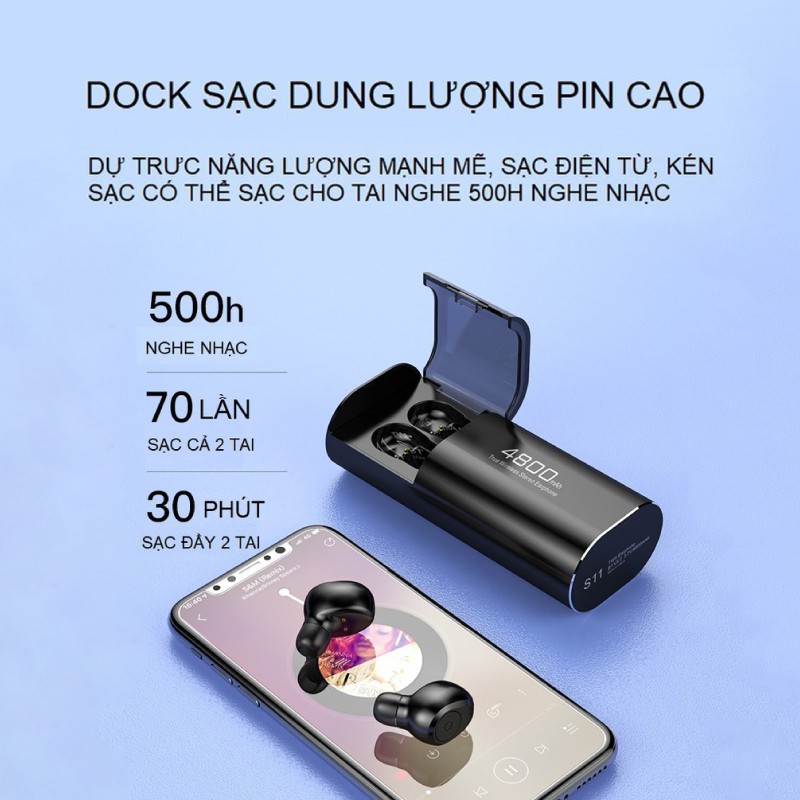 Tai nghe không dây bluetooth 5.0 S11 TWS kiêm sạc dự phòng 4800mAH, chống nước IPX7, bảo hành 3 tháng