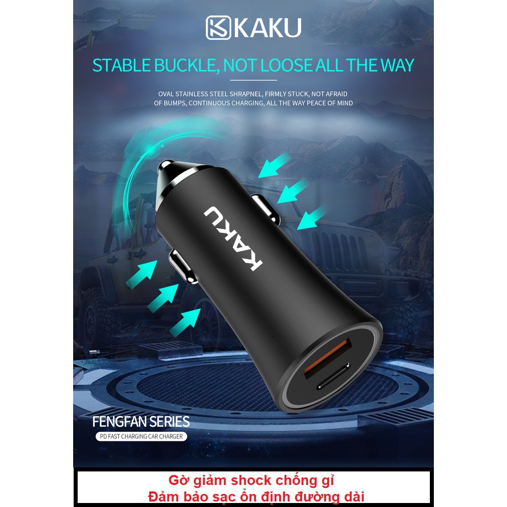 Tẩu sạc nhanh oto xe hơi KAKU - 2 cổng - chuẩn PD 3.0 type C - chuẩn QC 3.0  - Vỏ nhôm nguyên khối chống cháy shock