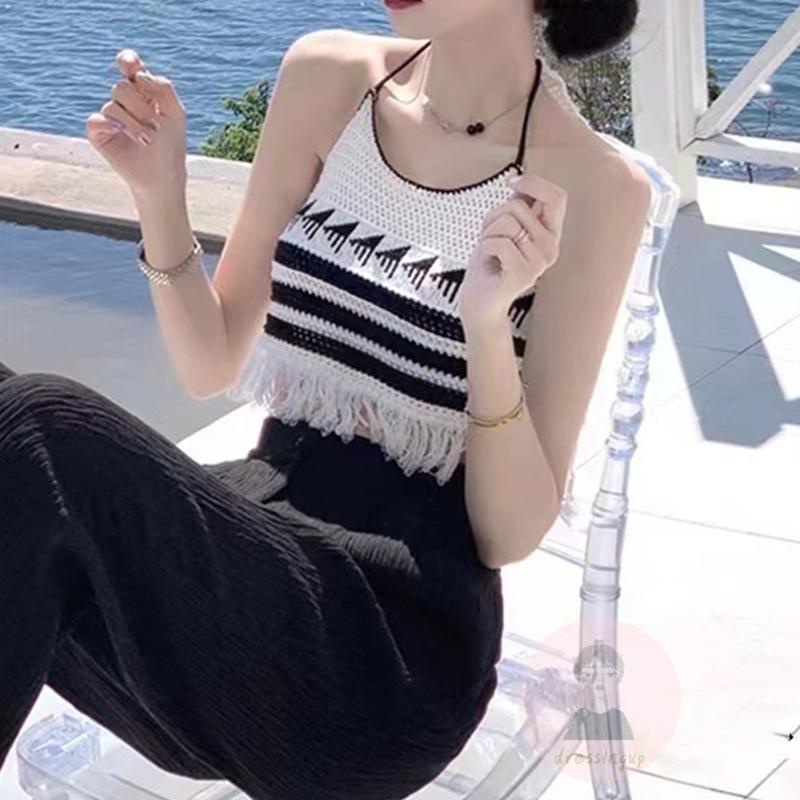 Áo Tank Top Hai Dây Hở Lưng Họa Tiết Kẻ Sọc Phối Tua Rua Cho Nữ