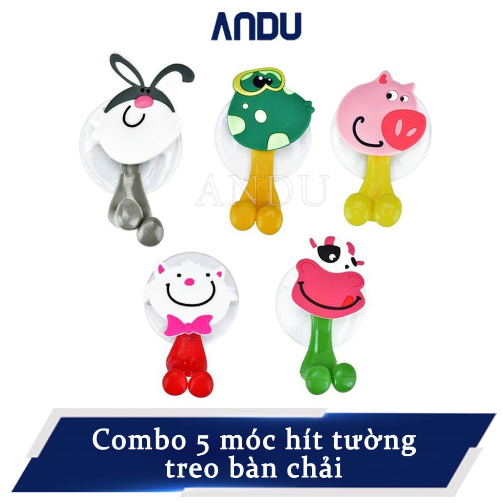Combo 5 Móc Hít Tường Treo Bàn Chải, Móc Dán Tường Hình Thú