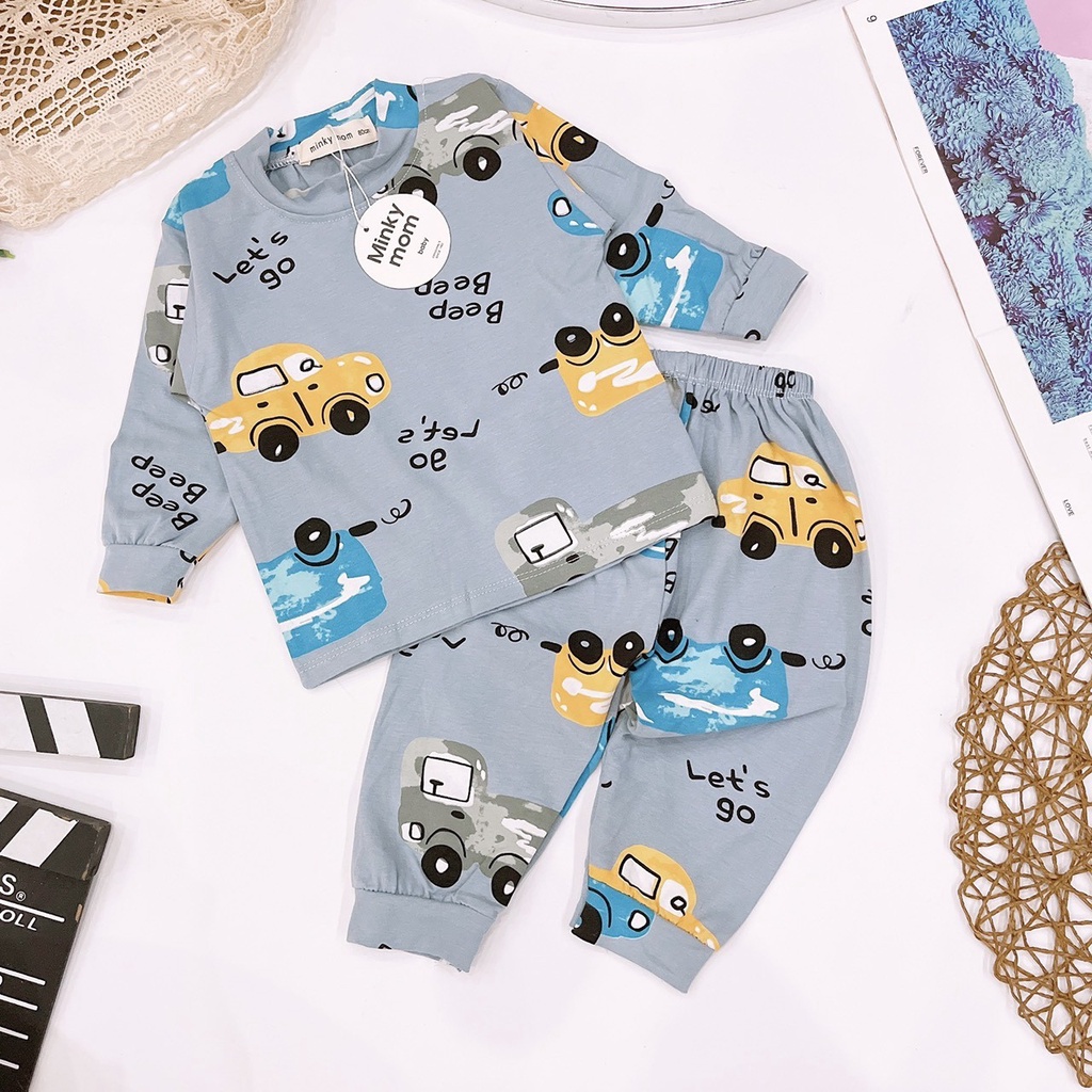 Đồ Bộ Dài Tay Bé Trai, Bé Gái Minky Mom Vải Cotton Hình Ô Tô, Khủng Long, Bộ Đồ Dài Tay Mặc Thu Đông Cho Bé AN.KID