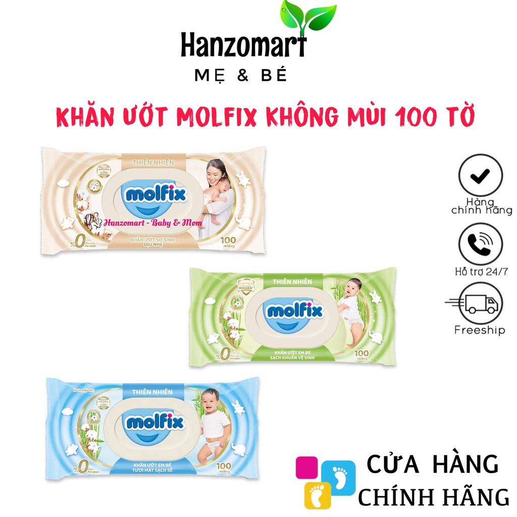 Khăn ướt Molfix thiên nhiên sạch khuẩn dịu nhẹ tươi mát với bông Organic tự nhiên ( hộp 100 tờ )