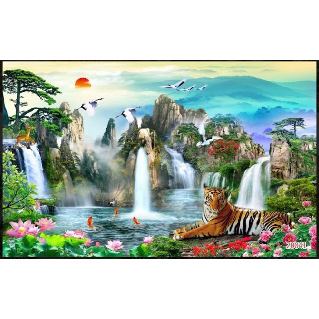 Tranh dán phòng khách phong cảnh hổ 3D