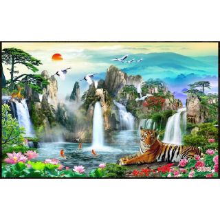 Tranh dán phòng khách phong cảnh hổ 3D